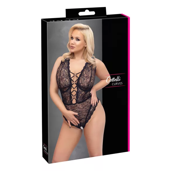 Cottelli Curves Plus Size - gennemsigtig mønstret bodystocking - sort