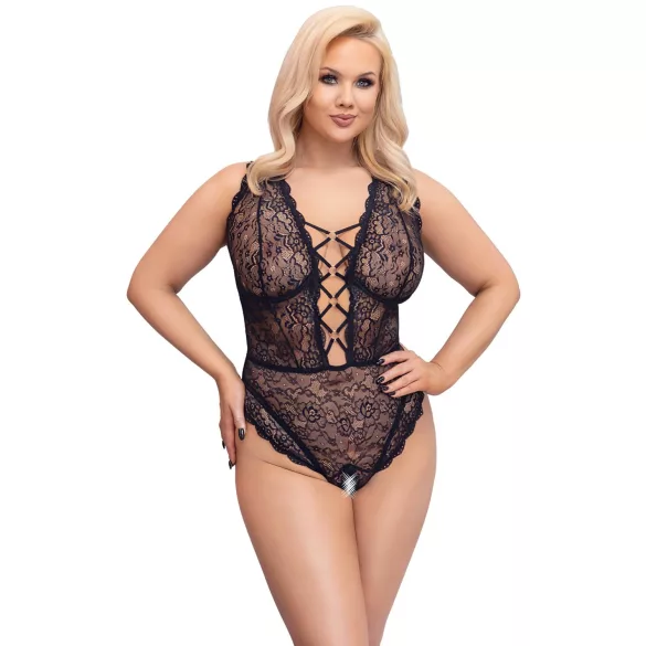 Cottelli Curves Plus Size - gennemsigtig mønstret bodystocking - sort