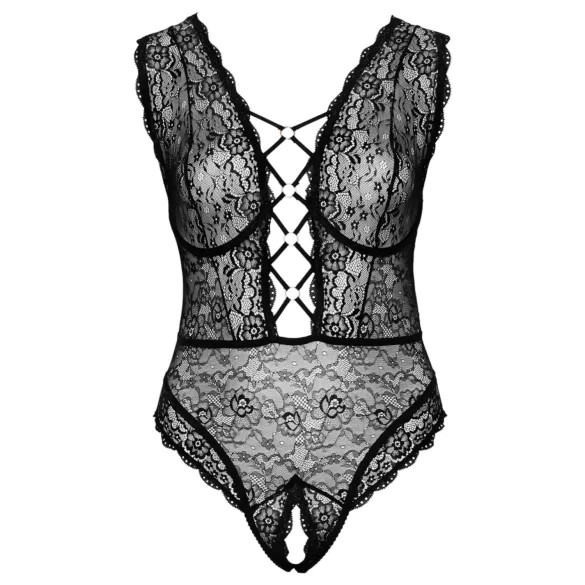 Cottelli Curves Plus Size - gennemsigtig mønstret bodystocking - sort