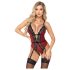 Abierta Fina - Åben bodystocking med strømpeholder (sort-rød) - XL