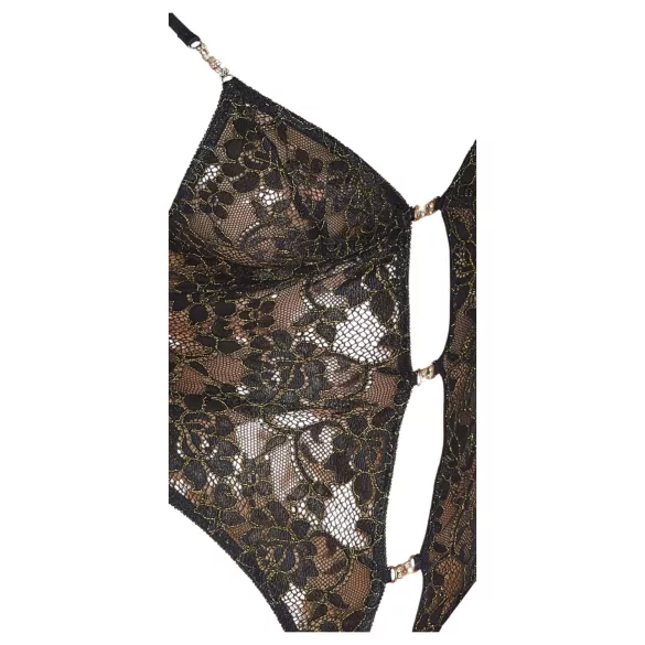 Abierta Fina - Åben, blondet bodystocking med strass (sort)