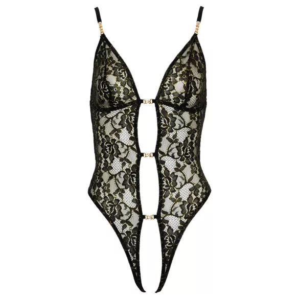 Abierta Fina - Åben, blondet bodystocking med strass (sort)