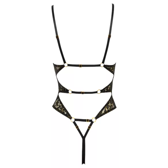 Abierta Fina - Åben, blondet bodystocking med strass (sort)