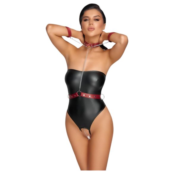 Cottelli Bondage - skinnende bodysuit og håndjern (sort)