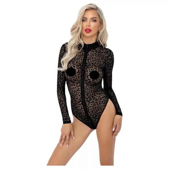 Noir - leopardmønstret langærmet body (sort) - M