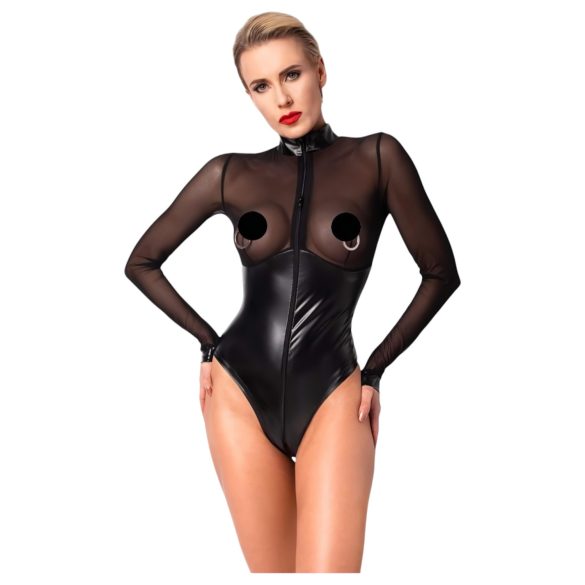 Noir - skinnende bodysuit med gennemsigtige paneler (sort) - XL