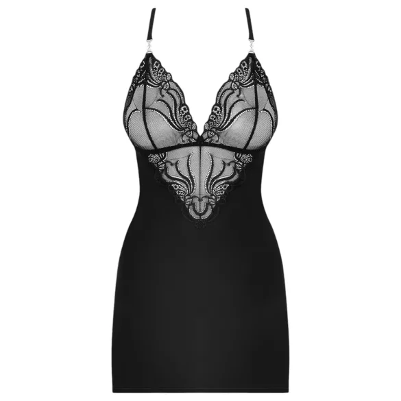 Obsessive - chemise med stropper og rhinsten - inkl. g-streng - sort - L/XL
