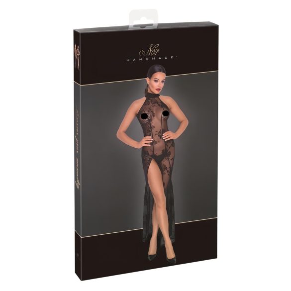 Noir - lang gennemsigtig kjole - blomsterdesign - sort