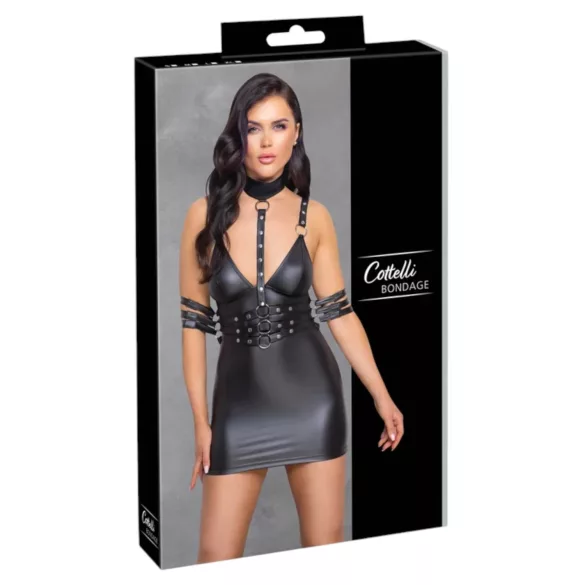 Cottelli Bondage - bondage minikjole med halsbånd - blank sort - L
