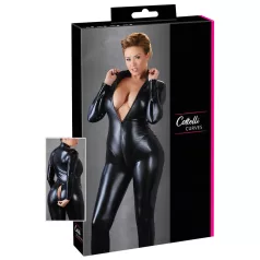   Cottelli Plus Size - party catsuit med lange ærmer - blank sort - 3XL
