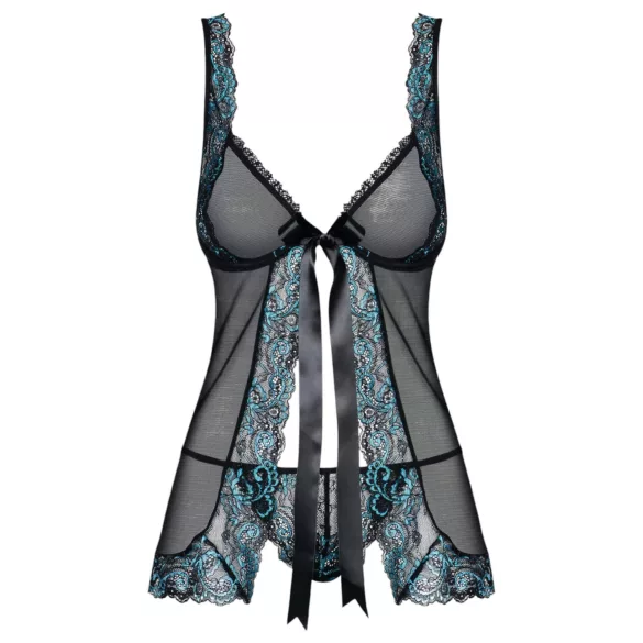 Obsessive Amanta - babydoll med broderi og trusser - sort/turkis - L/XL