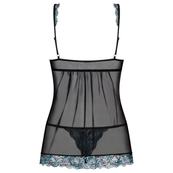 Obsessive Amanta - babydoll med broderi og trusser - sort/turkis - L/XL