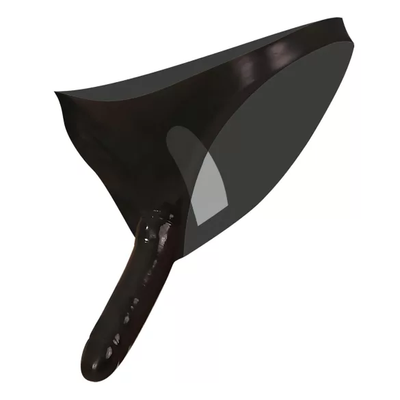 LATEX - harness med dobbelt dildo - sort - justerbar (S-L)