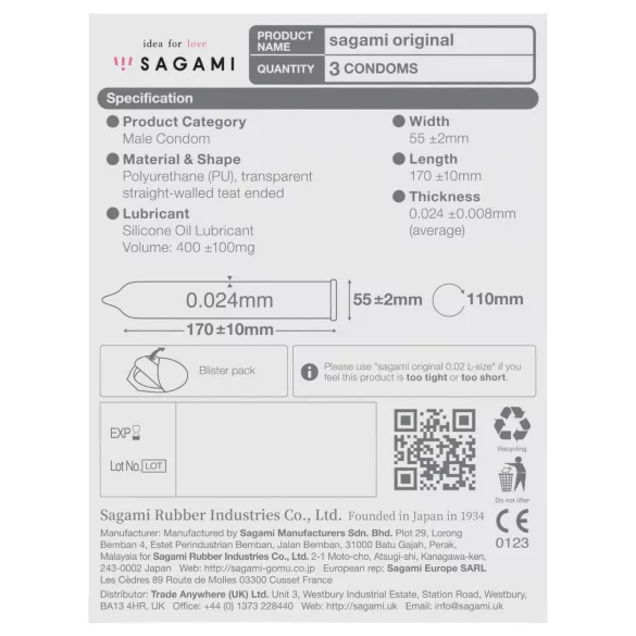 Sagami Original 0,02 - kondom - 55 mm (3 stk)