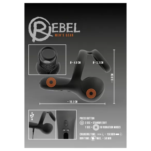 Rebel - vibrerende penisring med kugle- og mellemkødsstimulation (sort)