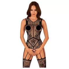  Obsessive - net catsuit med åbning - blomstermønster - sort - S-L