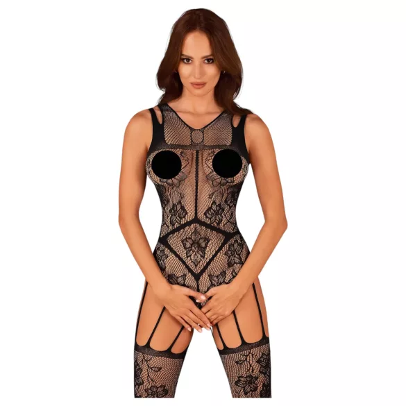 Obsessive - net catsuit med åbning - blomstermønster - sort - S-L