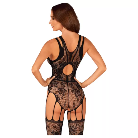Obsessive - net catsuit med åbning - blomstermønster - sort - S-L