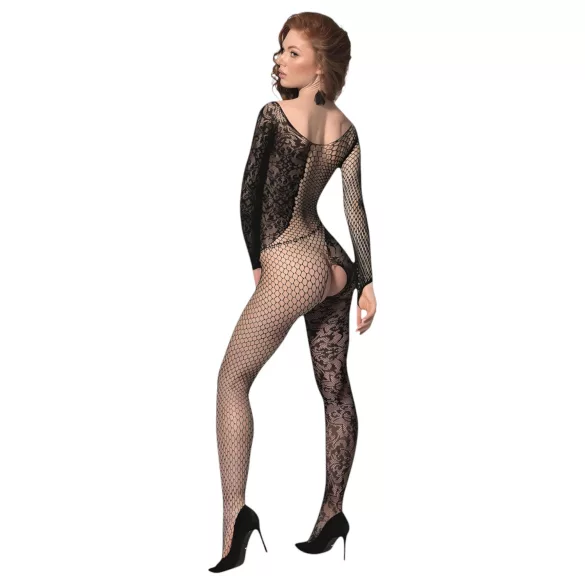 Passion BS107 - net catsuit med blomstermønster - sort - S-L