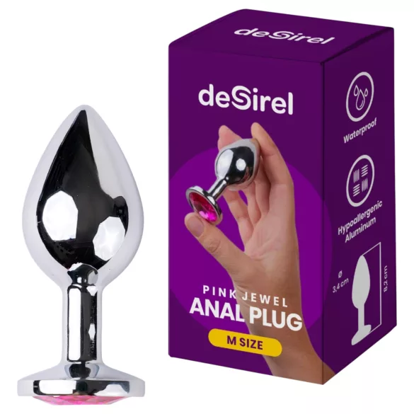 Desirel - analplug med pink juvel - sølv/pink - M