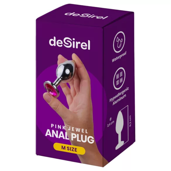 Desirel - analplug med pink juvel - sølv/pink - M
