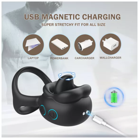 Biu-Biu - penisring og klitorisvibrator med tunge - sort