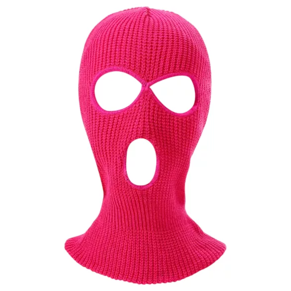 Balaclava - strikket hætte med 3 åbninger (mørk pink)