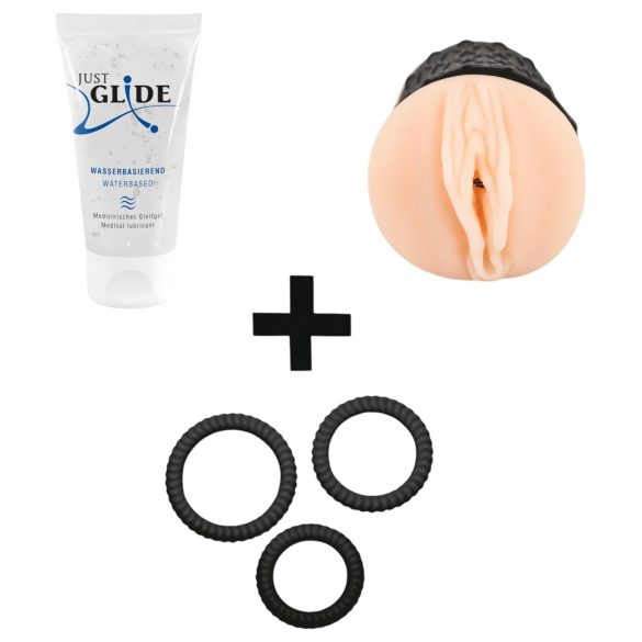 Perfekt startpakke: masturbator, glidecreme, penisring