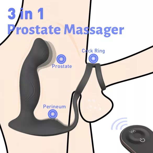 Sex HD Virgil - prostatavibrator med penisring - silikone - sort