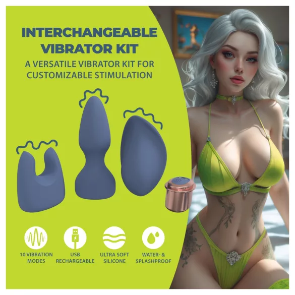 Loveline - vibrator-sæt med udskiftelige hoveder (blå-grå)