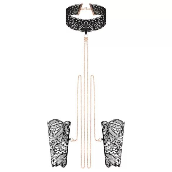 Rosy Gold - halsbånd og håndjern - justerbar - sort