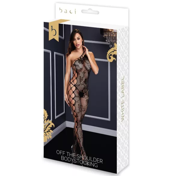 Baci - catsuit med én skulder - blondenet og blomstermønster - sort (S-L)