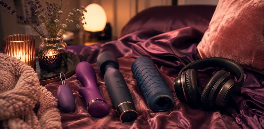 Lydsvagt sexlegetøj og hovedtelefoner på lilla satin skaber en intim ASMR sex-stemning | Sexshop Danmark Desirel.dk